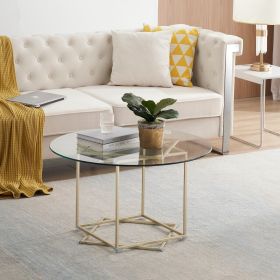 Round offee table; glass coffee table with gold frame round and glass top for home office; metal table legs; home decor accent cocktail table