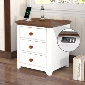 Wooden Nightstand with USB Charging Ports and Three Drawers; End Table for Bedroom; White+Walnut