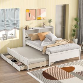 Full Bed with Bookcase; Twin Trundle; Drawers; White