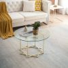 Round offee table; glass coffee table with gold frame round and glass top for home office; metal table legs; home decor accent cocktail table