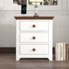 Wooden Nightstand with USB Charging Ports and Three Drawers; End Table for Bedroom; White+Walnut