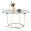 Round offee table; glass coffee table with gold frame round and glass top for home office; metal table legs; home decor accent cocktail table