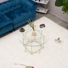 Round offee table; glass coffee table with gold frame round and glass top for home office; metal table legs; home decor accent cocktail table