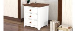 Wooden Nightstand with USB Charging Ports and Three Drawers; End Table for Bedroom; White+Walnut