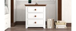 Wooden Nightstand with USB Charging Ports and Three Drawers; End Table for Bedroom; White+Walnut