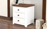 Wooden Nightstand with USB Charging Ports and Three Drawers; End Table for Bedroom; White+Walnut