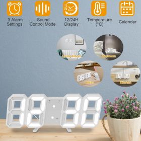 3D LED Digital Wall Clock Sound Control Table Desk Alarm Clock w/ 3 Auto Adjustable Brightness Snooze (Light Color: White, Color: White)